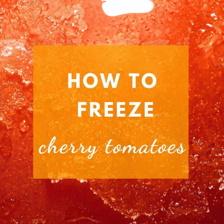frozen cherry tomato in an ice cube and label reads: how to freeze cherry tomatoes.