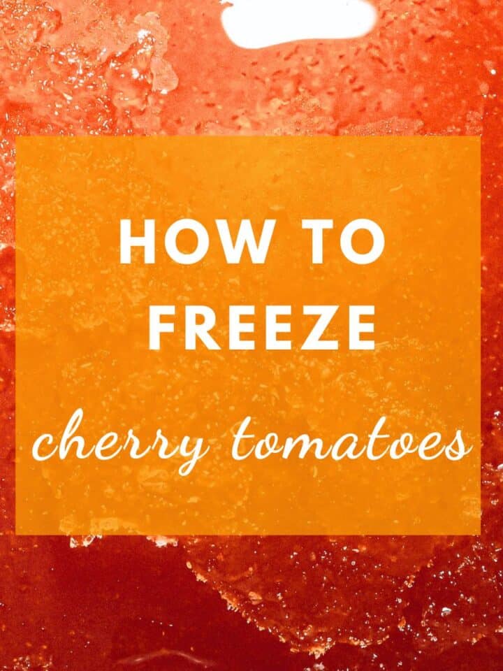 frozen cherry tomato in an ice cube and label reads: how to freeze cherry tomatoes.