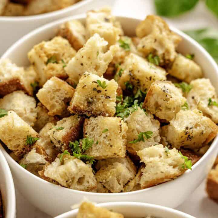 Homemade croutons in a bowl.