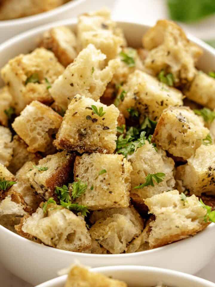 Homemade croutons in a bowl.