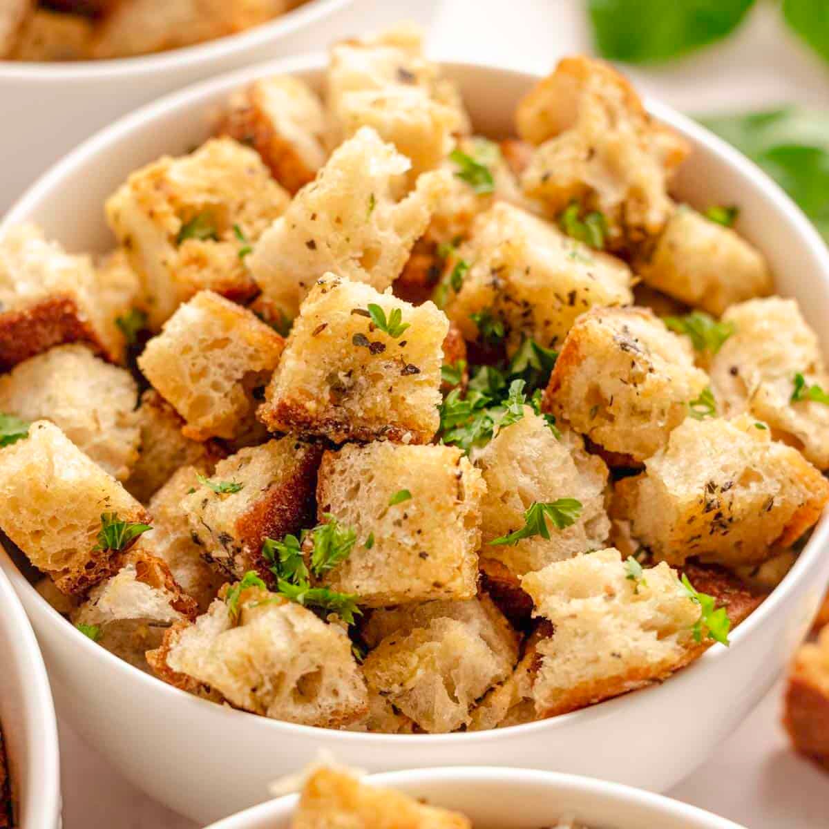 Homemade croutons in a bowl.