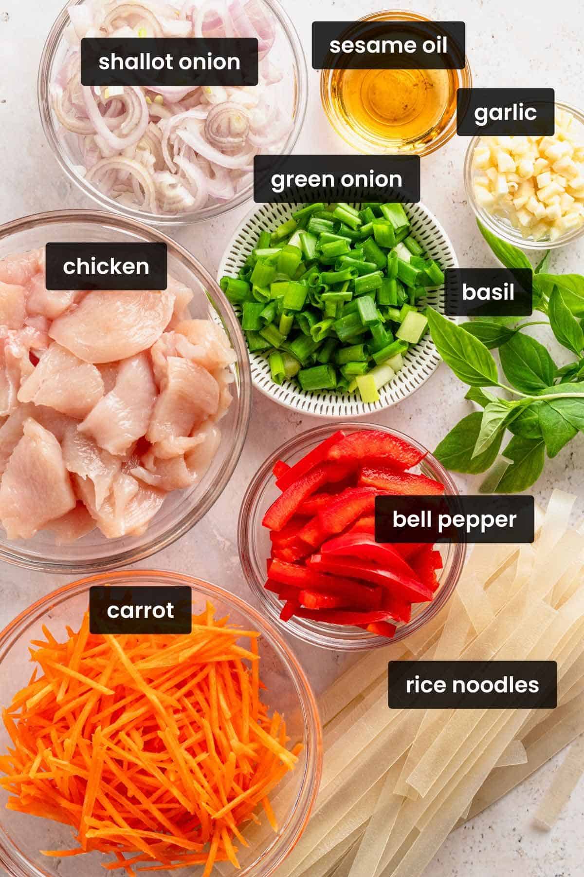 ingredients for drunken noodles with chicken.