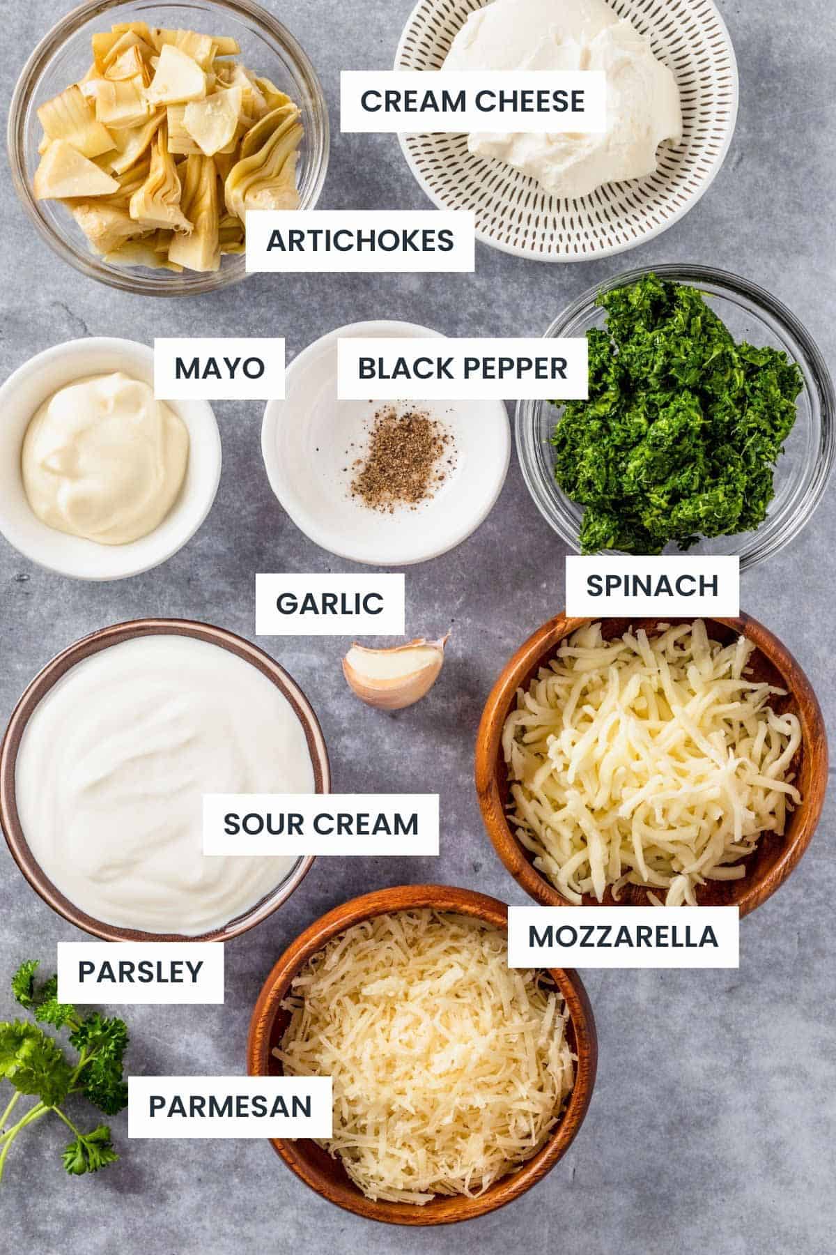 overhead shot of ingredients for spinach dip