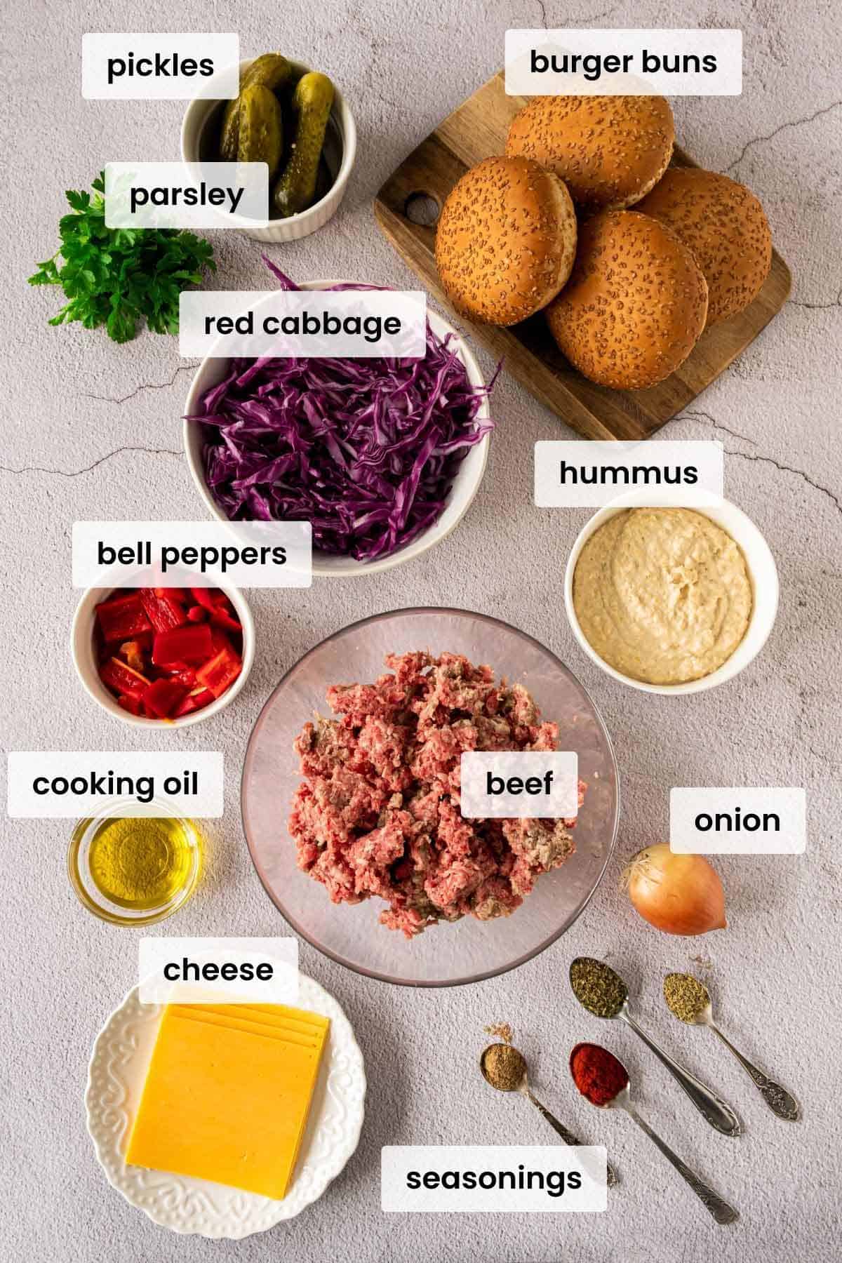 ingredients for beef burgers.