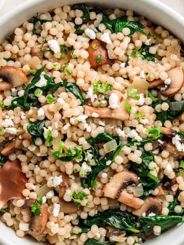 Israeli Couscous recipe with mushrooms and spinach.