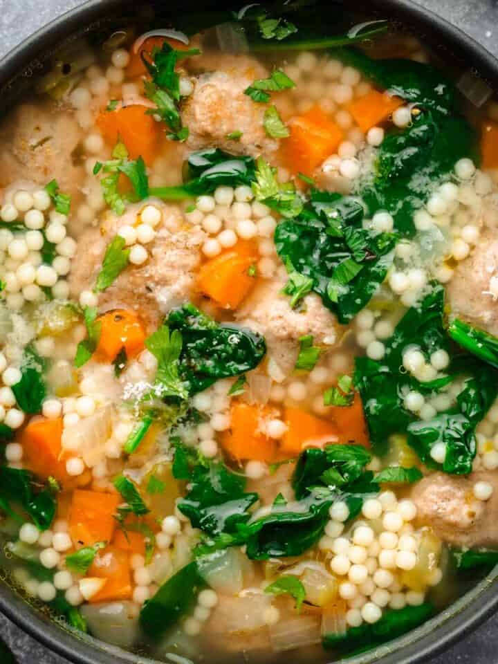 The Best Italian wedding soup with pasta and meatballs.