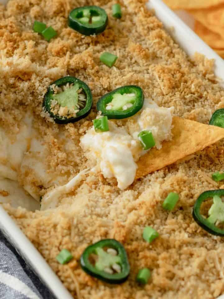 baked jalapeno popper dip with tortilla chips