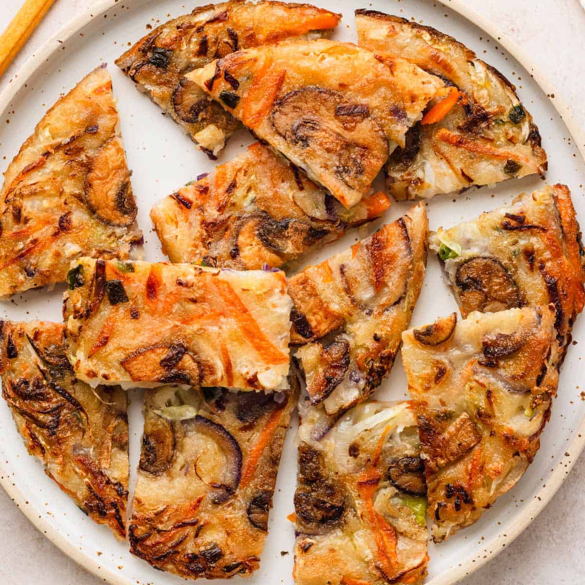 Slices of Korean cabbage pancakes.