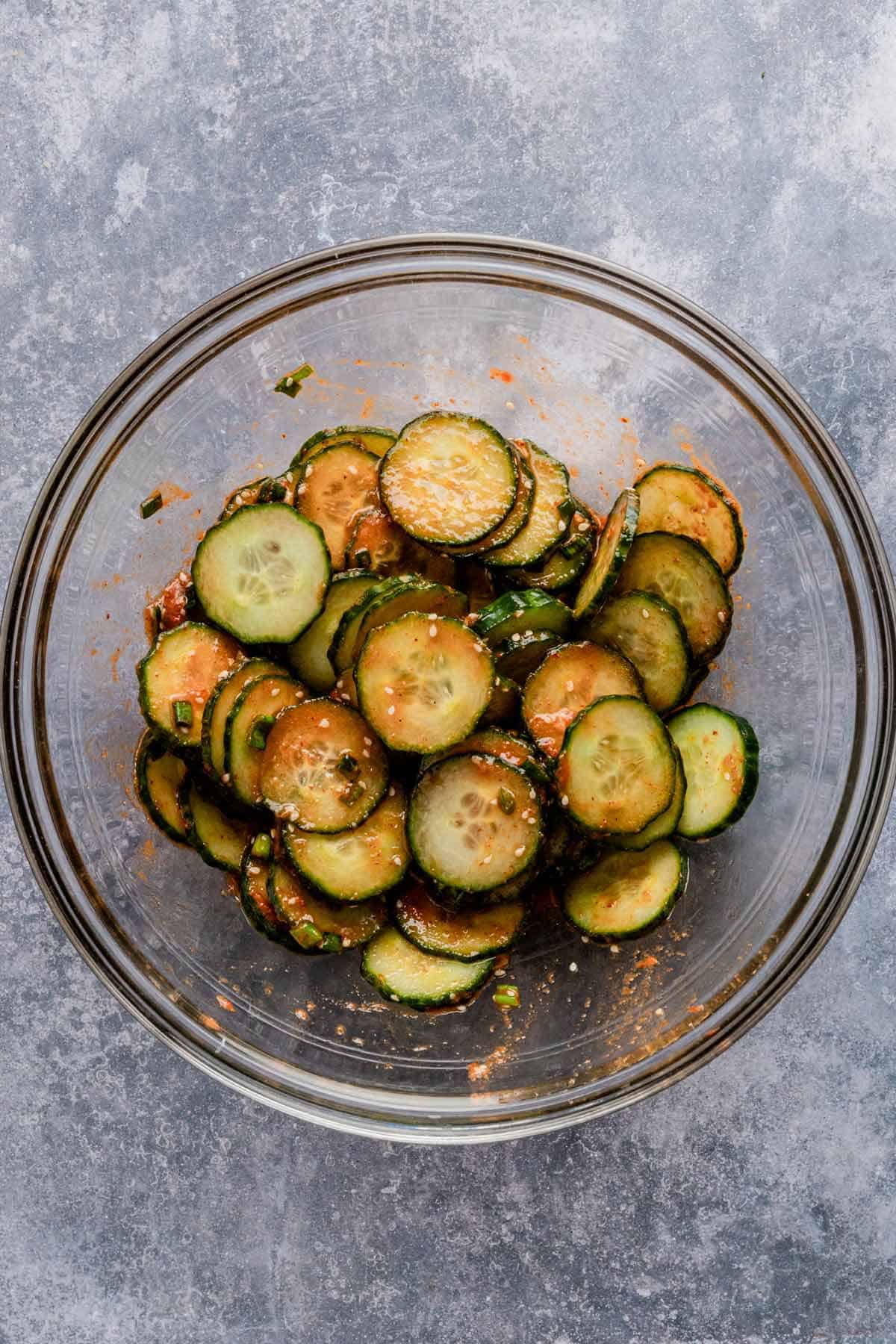 cucumber slices mixed in spicy dressing