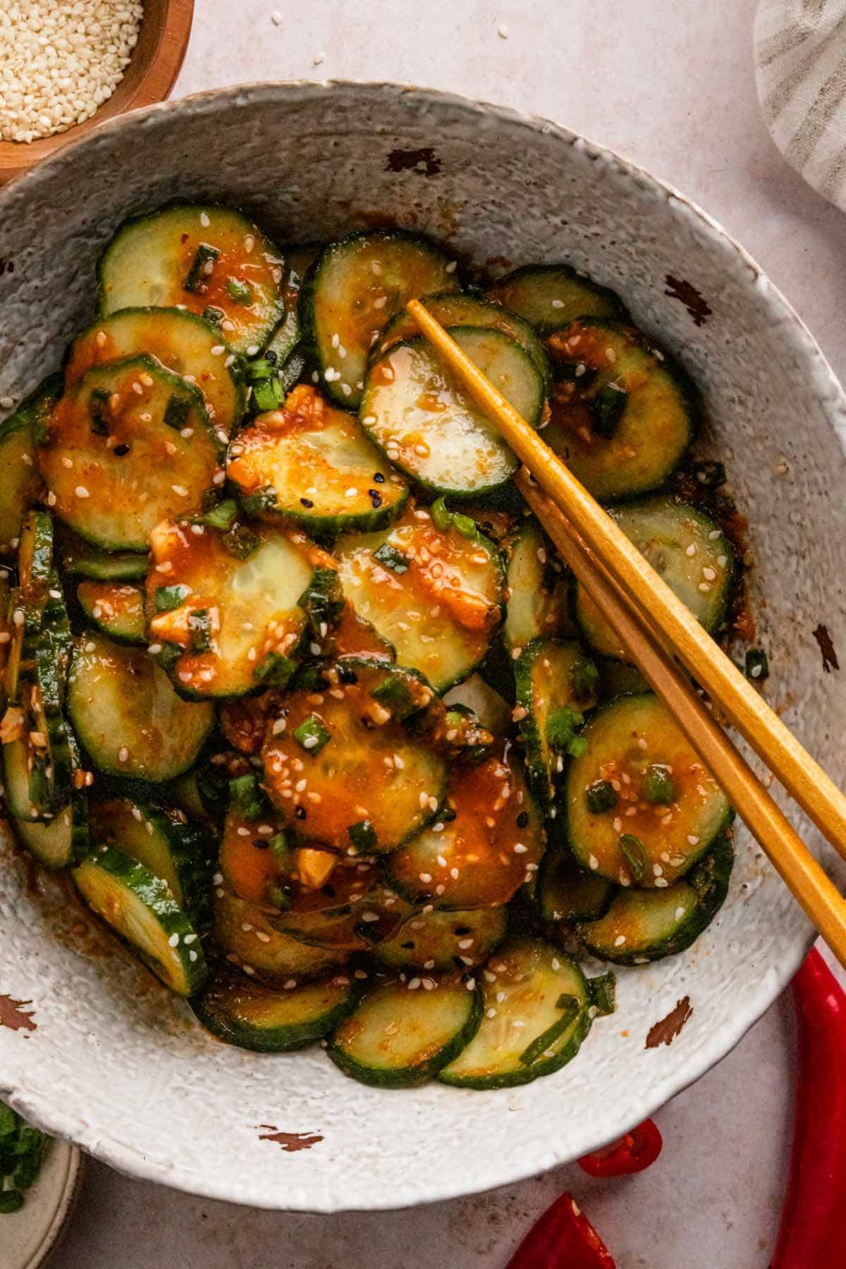 korean cucumber salad in a bowl