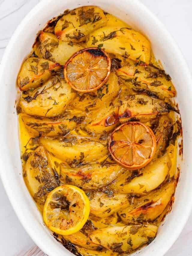 freshly baked greek lemon potatoes.