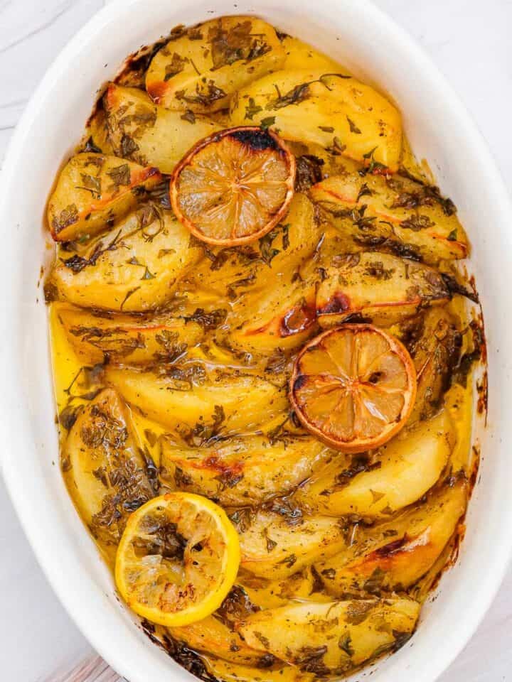 freshly baked greek lemon potatoes.