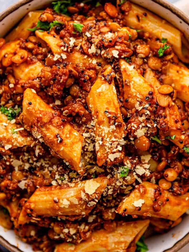 Easy Vegan Lentil Bolognese pasta.