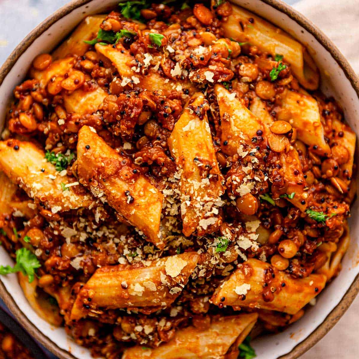 Easy Vegan Lentil Bolognese pasta.