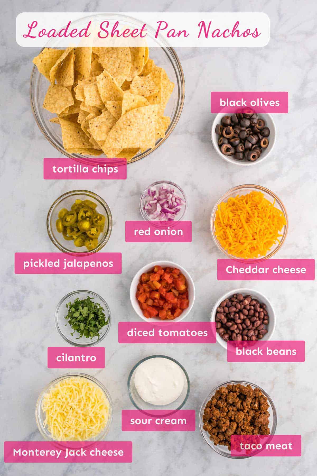 ingredients for loaded sheet pan nachos.