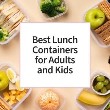 Best lunch containers for adults and kids surrounded by packed lunches with sandwiches, fruit, vegetables, cheese, and crackers.