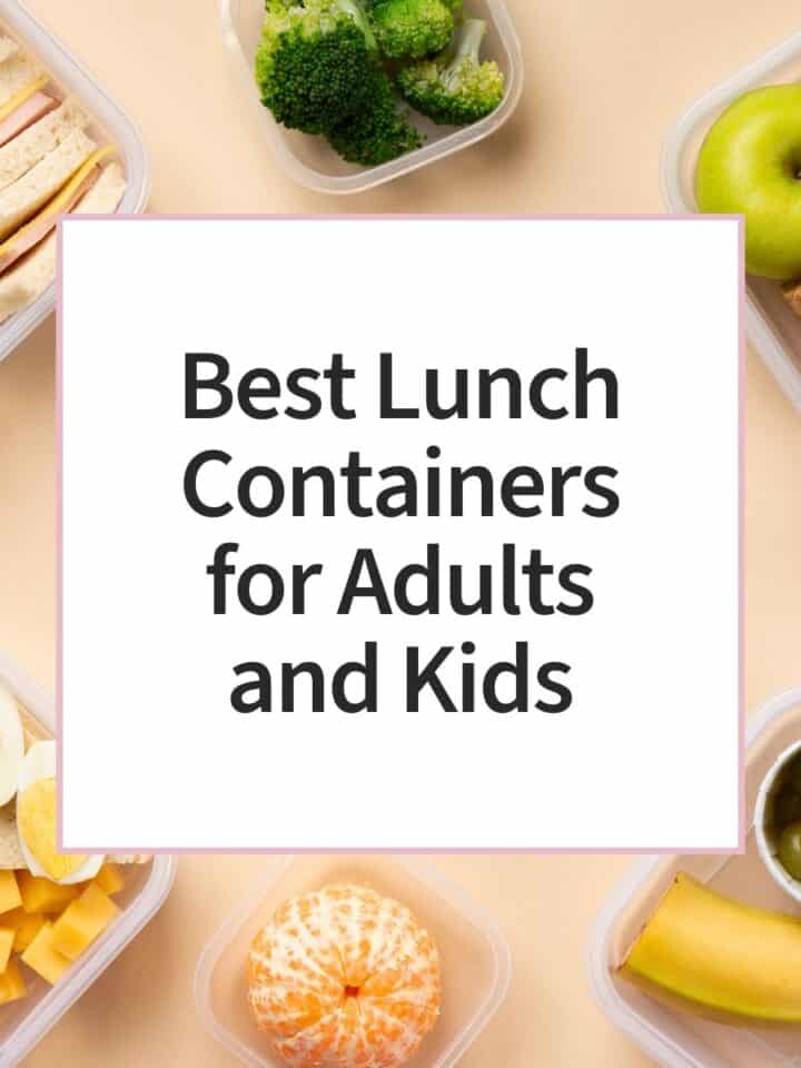 Best lunch containers for adults and kids surrounded by packed lunches with sandwiches, fruit, vegetables, cheese, and crackers.
