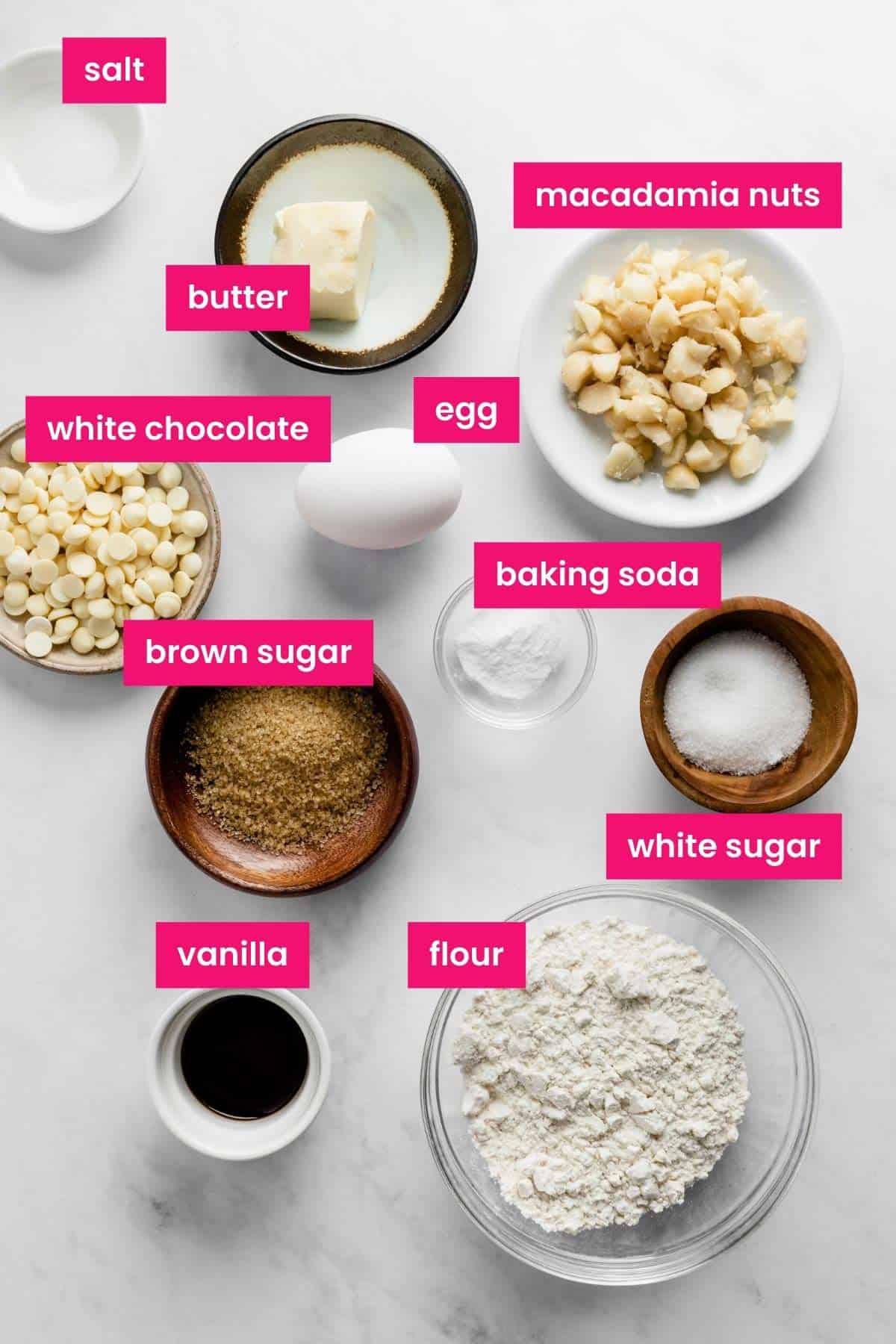 a stack of white chocolate macadamia nut cookies ingredients