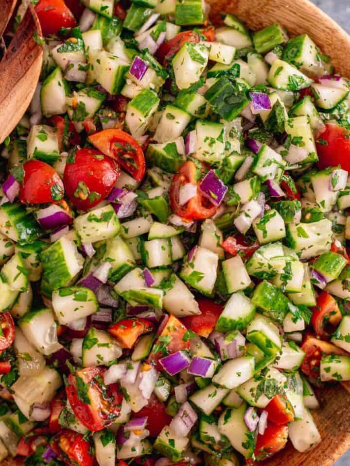 chopped cucumber salad in a bowl.