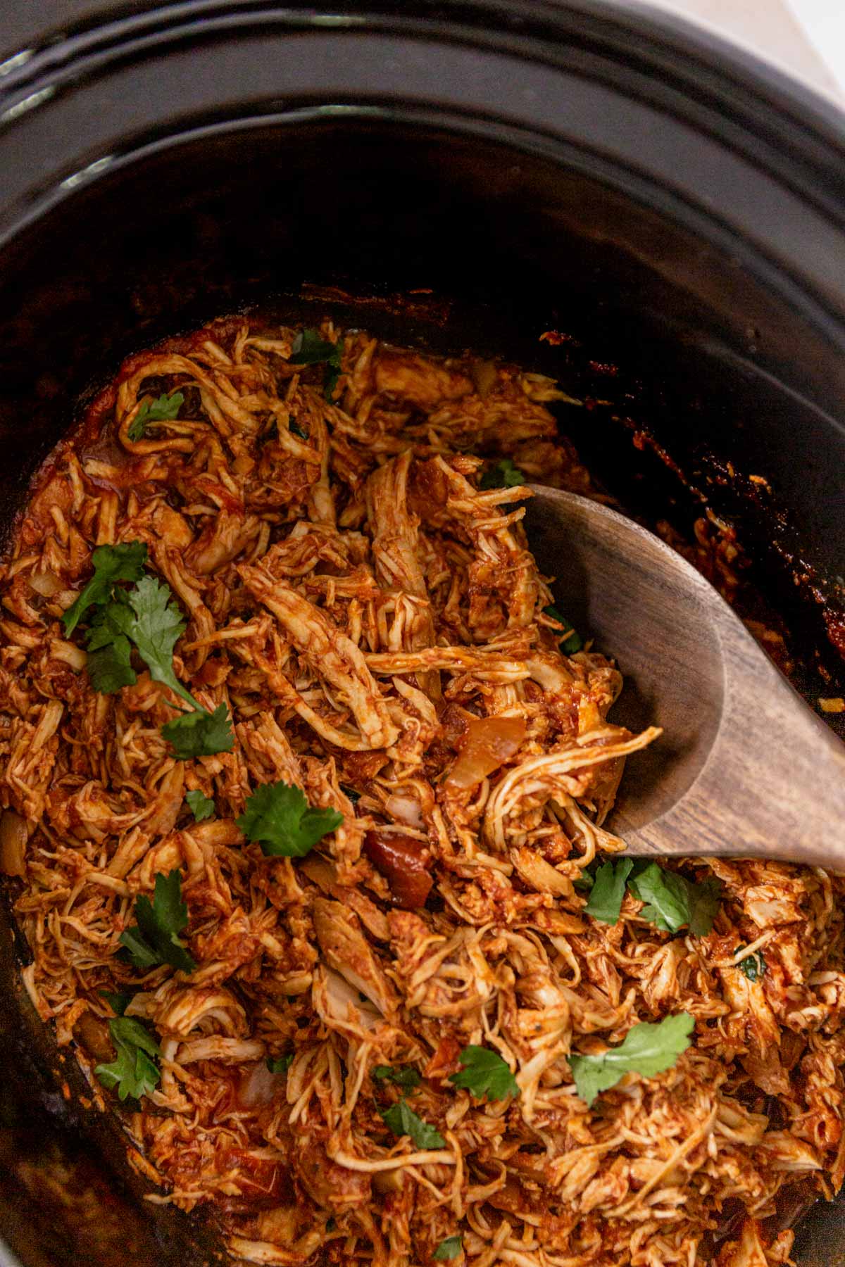 shredded mexican chicken tinga in slow cooker