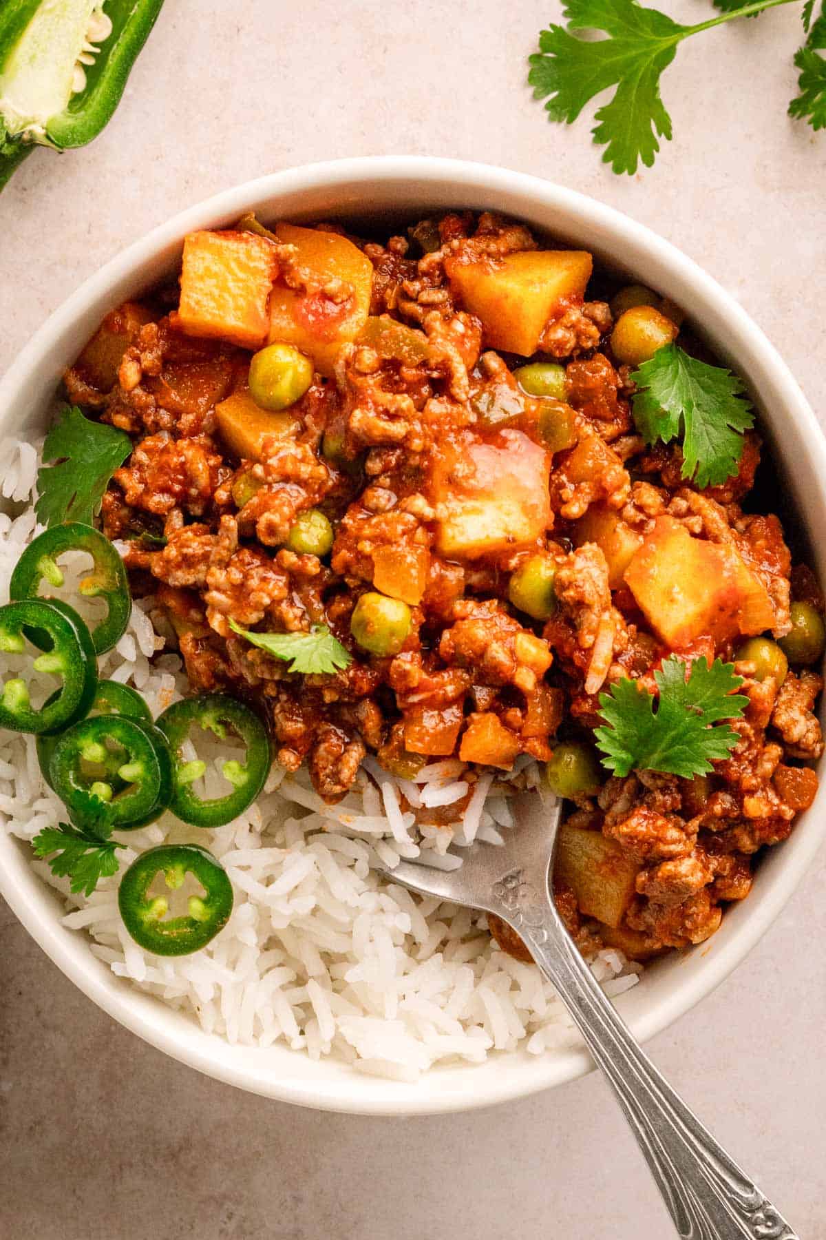 A Bowl of tasty Mexican Picadillo recipe with potatoes.