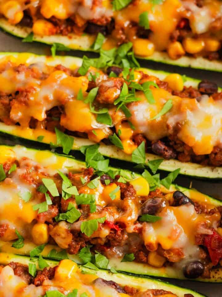 taco zucchini boats stuffed with ground beef and cheese.