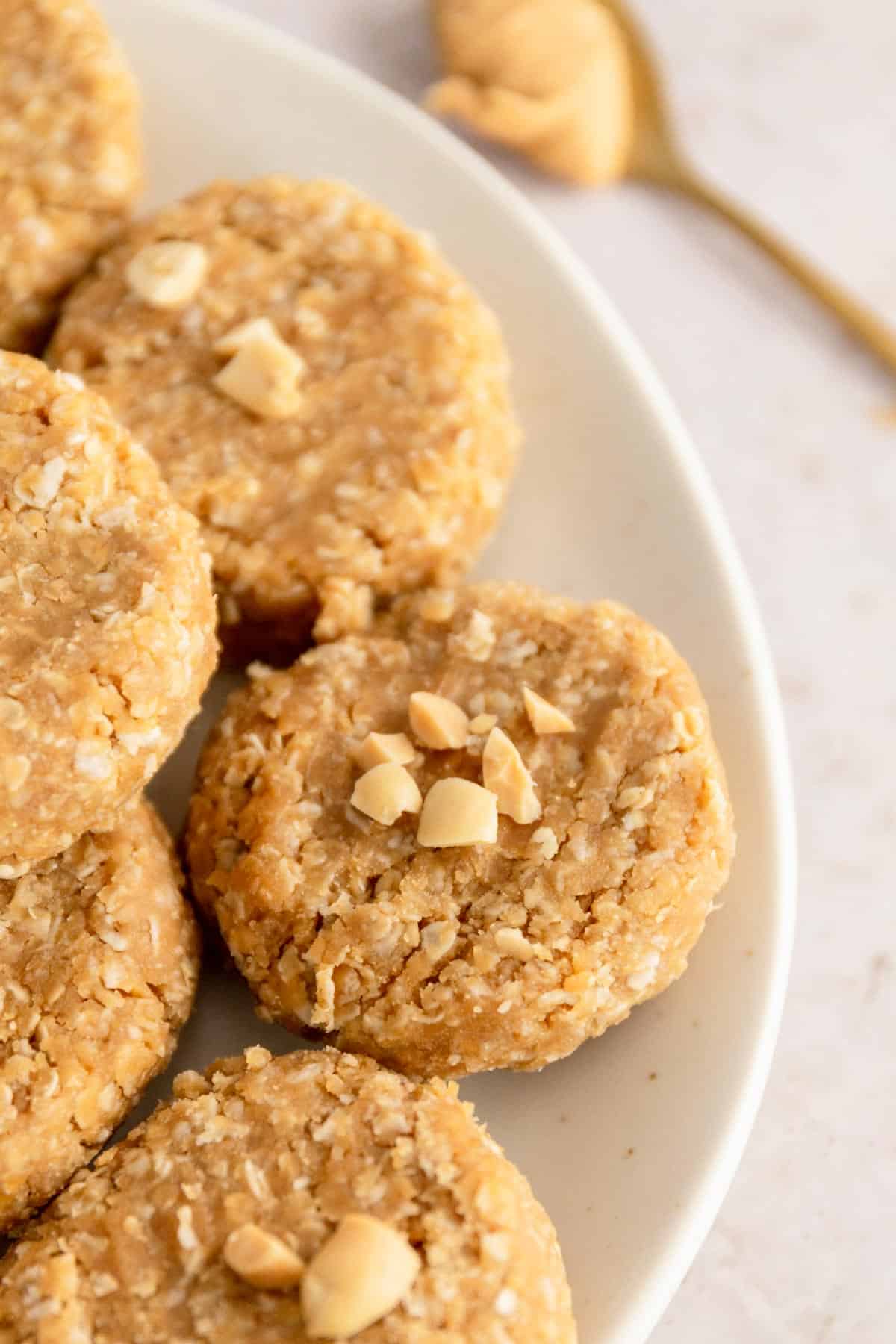 a stack of no bake peanut butter cookies