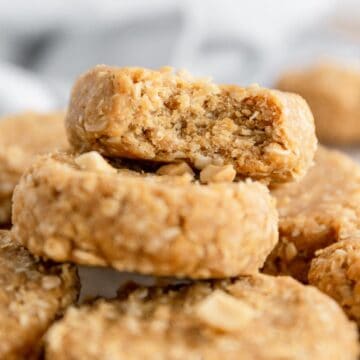 a bite shot of no bake dairy free peanut butter cookies