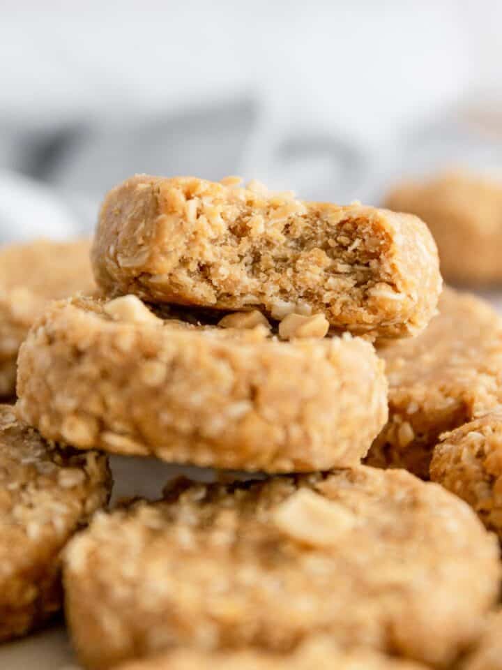 a bite shot of no bake dairy free peanut butter cookies