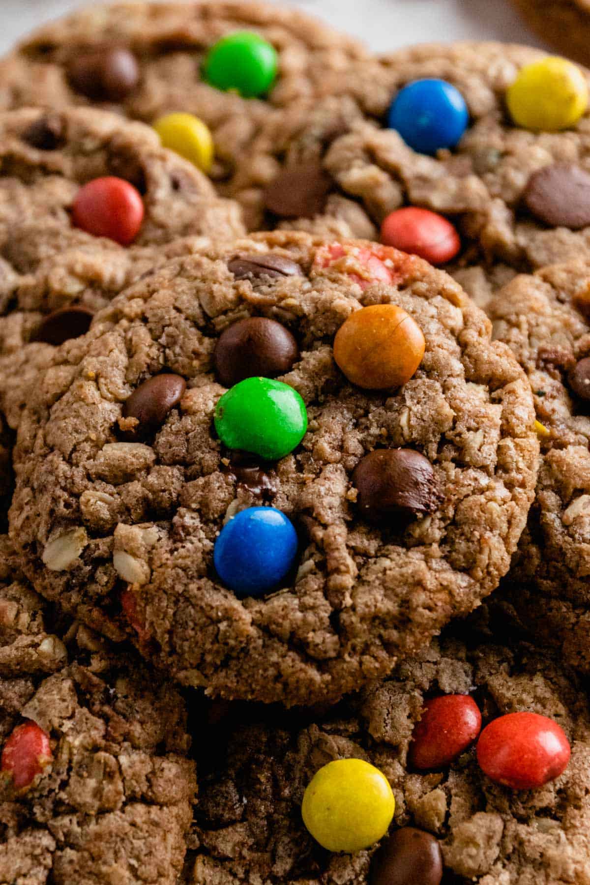 a stack of nutella monster cookies with m&ms