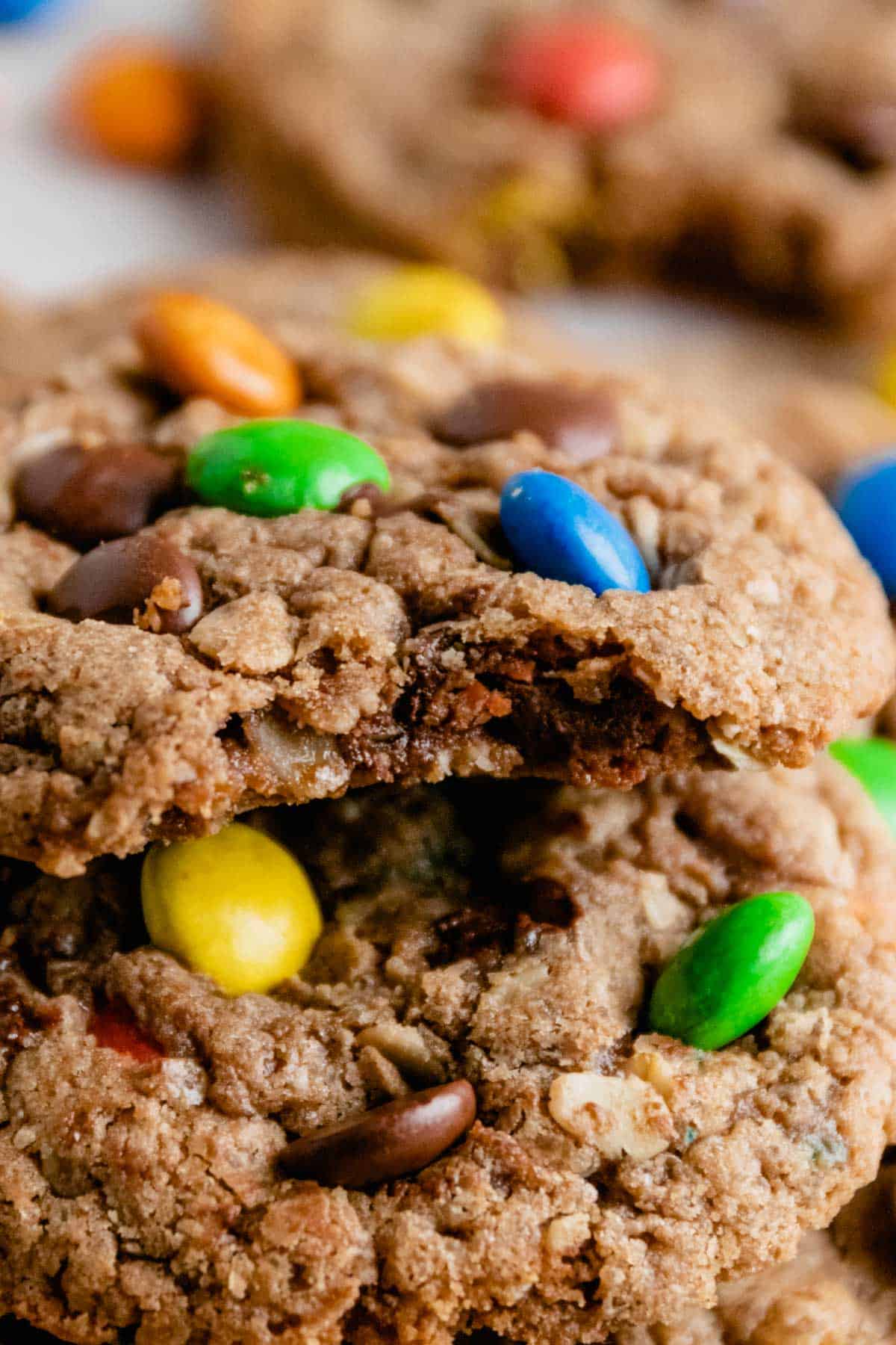 bite shot of oatmeal monster cookies with m&ms
