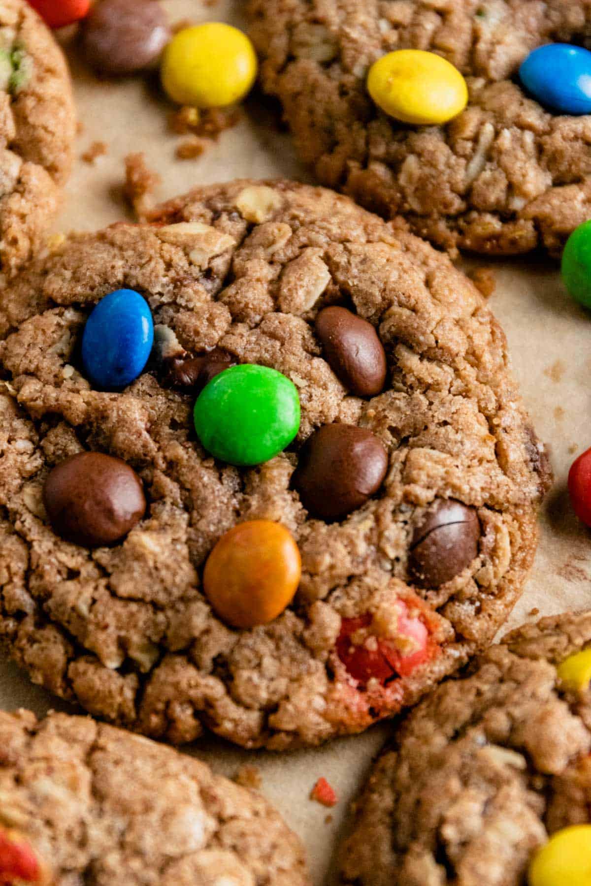 a stack of nutella monster cookies with m&ms
