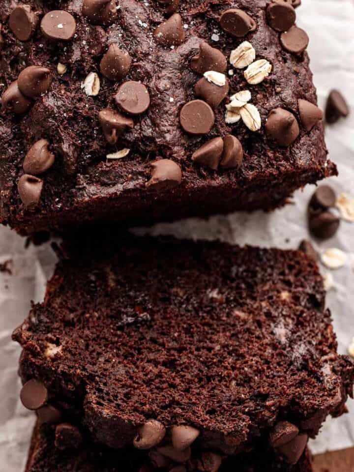 This Easy Chocolate oat flour banana bread is refined-sugar free and gluten free.