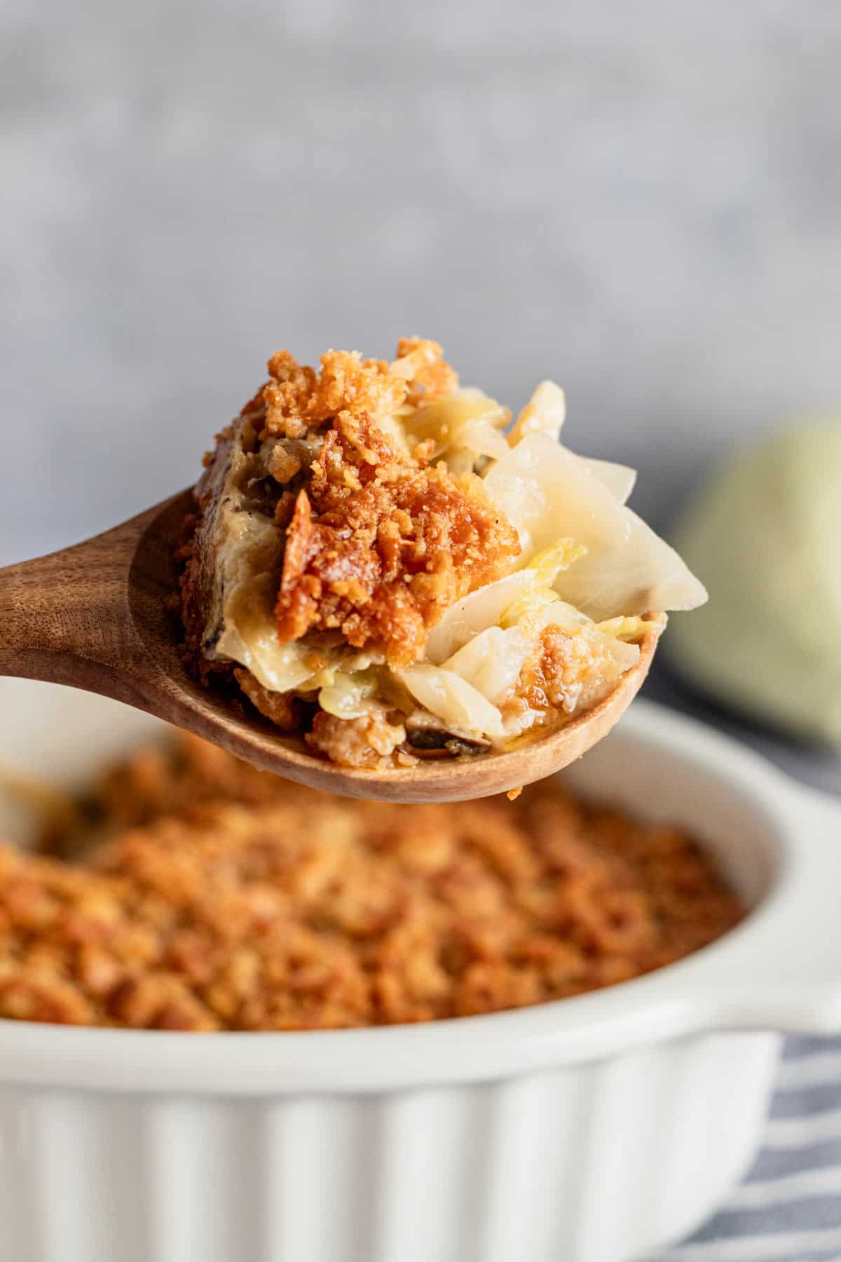cabbage casserole on a spoon.