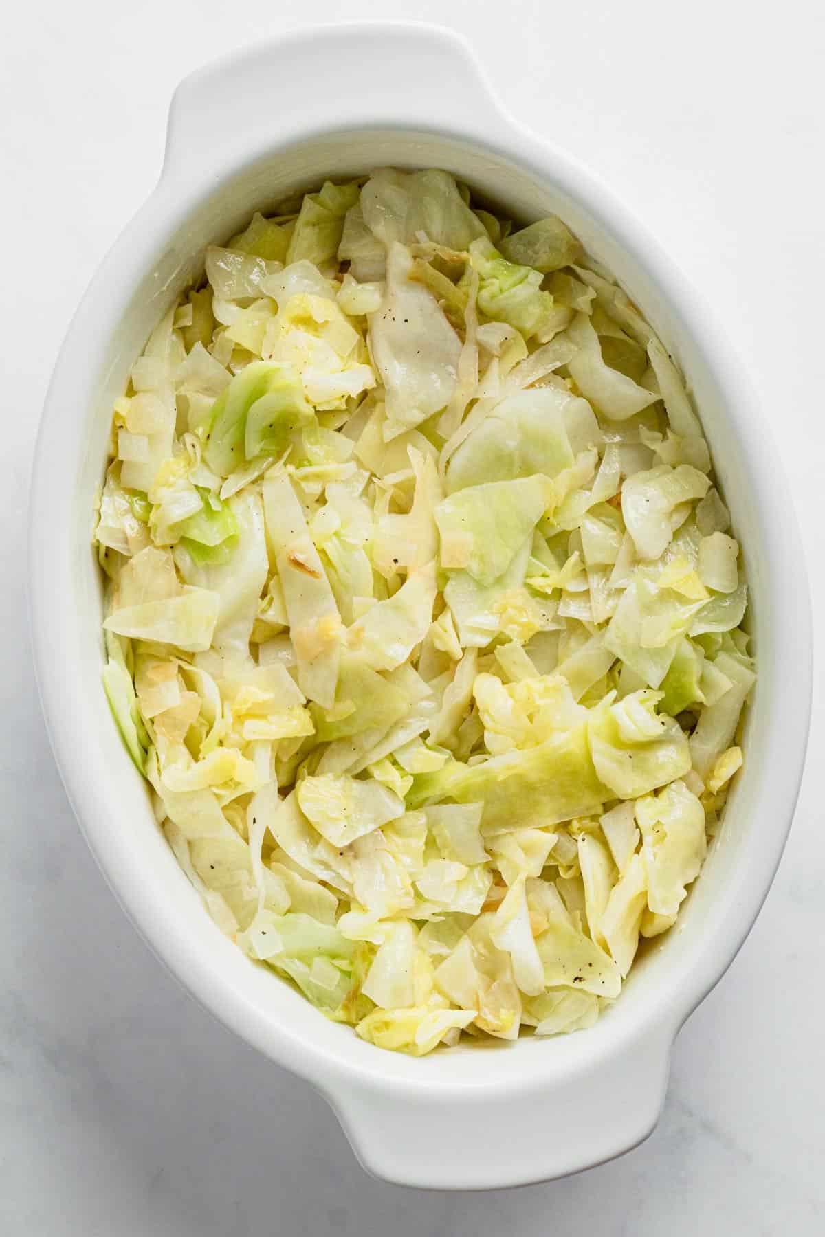 sauteed cabbage in casserole dish.