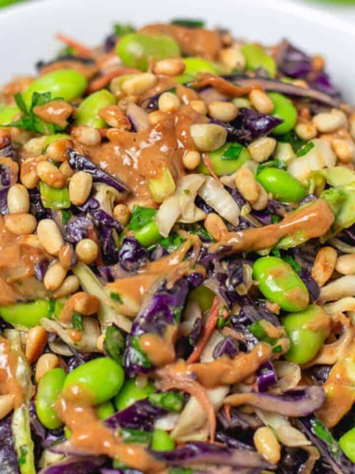 coleslaw with edamame and peanut sauce.