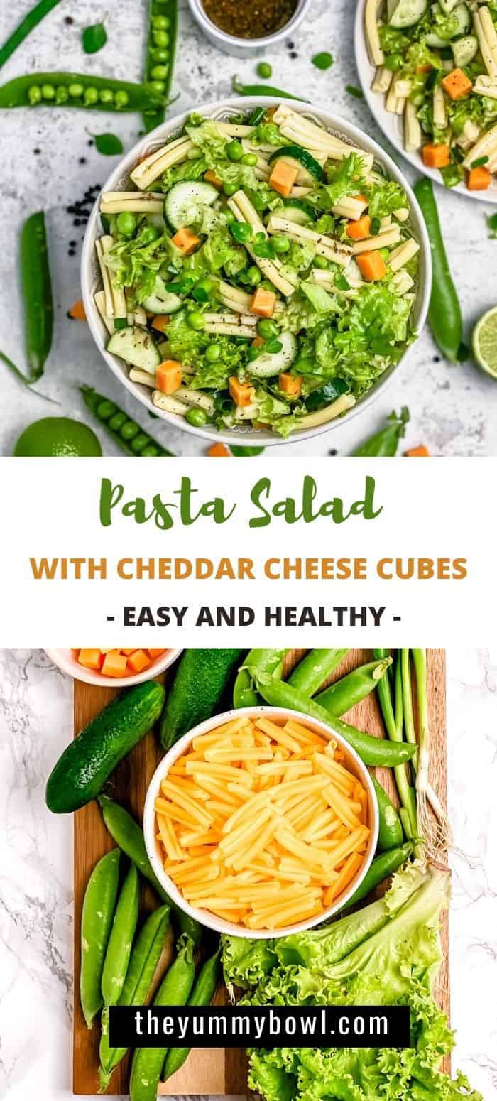 This Pasta Salad Recipe With Cheddar Cheese Cubes is easy to make ahead and is loaded with all the yummy things like peas, lettuce, spring onions, cucumber, and my favorite cheddar cheese. #easysalad #healthysalad #pastasalad #pastasaladcheddar #pastasaladcheese #coldpastasalad #easypastasalad-The Yummy Bowl