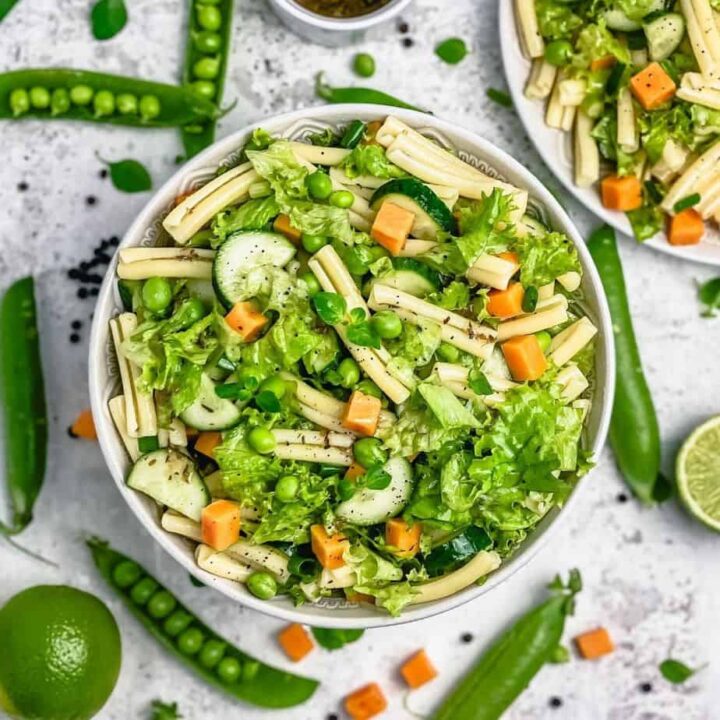 This Pasta Salad Recipe With Cheddar Cheese Cubes is easy to make ahead and is loaded with all the yummy things like peas, lettuce, spring onions, cucumber, and my favorite cheddar cheese.