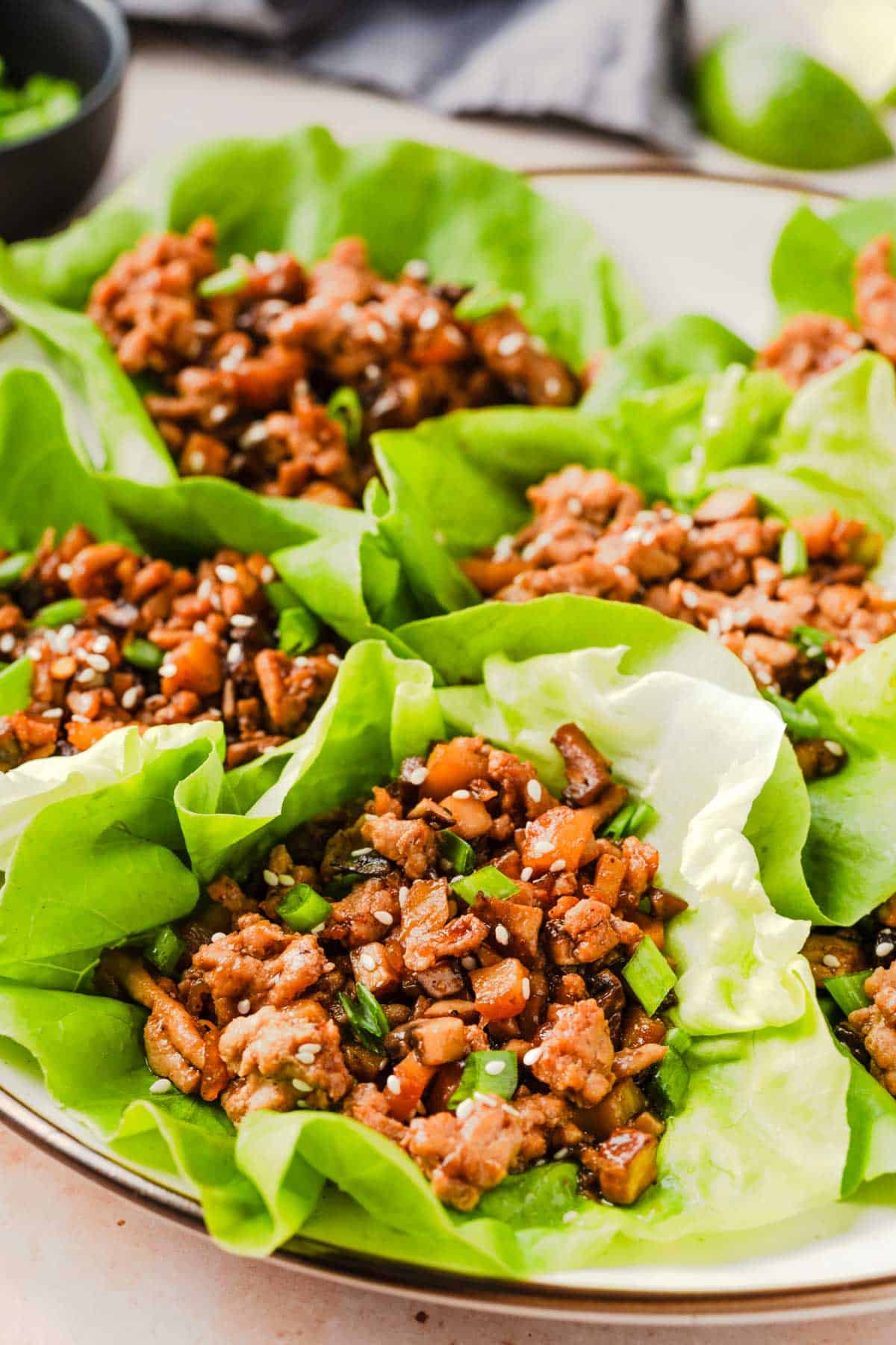 picture of chicken lettuce wraps stacked together on a blue plate