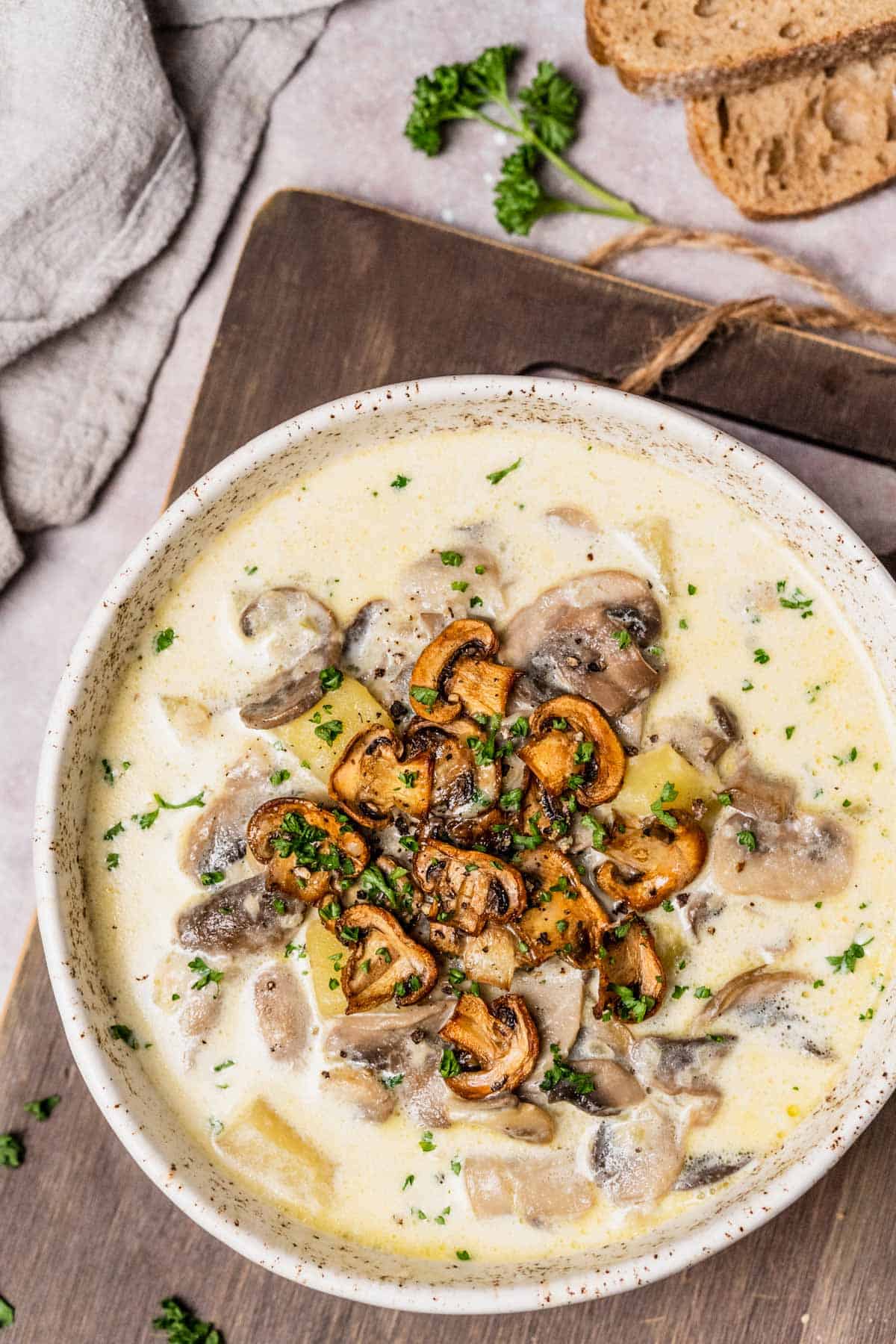 creamy mushroom soup with potatoes in a bowl