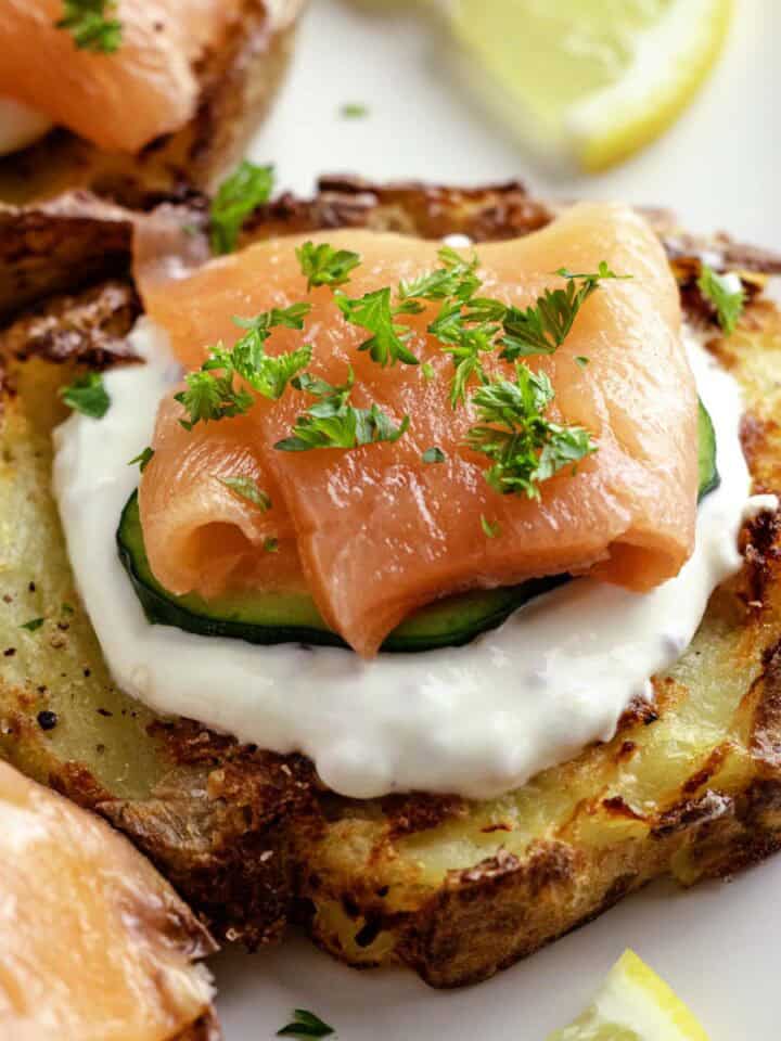 Crispy Potato Salmon Blinis.