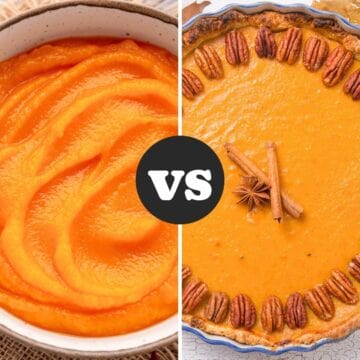 Pumpkin puree and pumpkin pie shown side by side with a