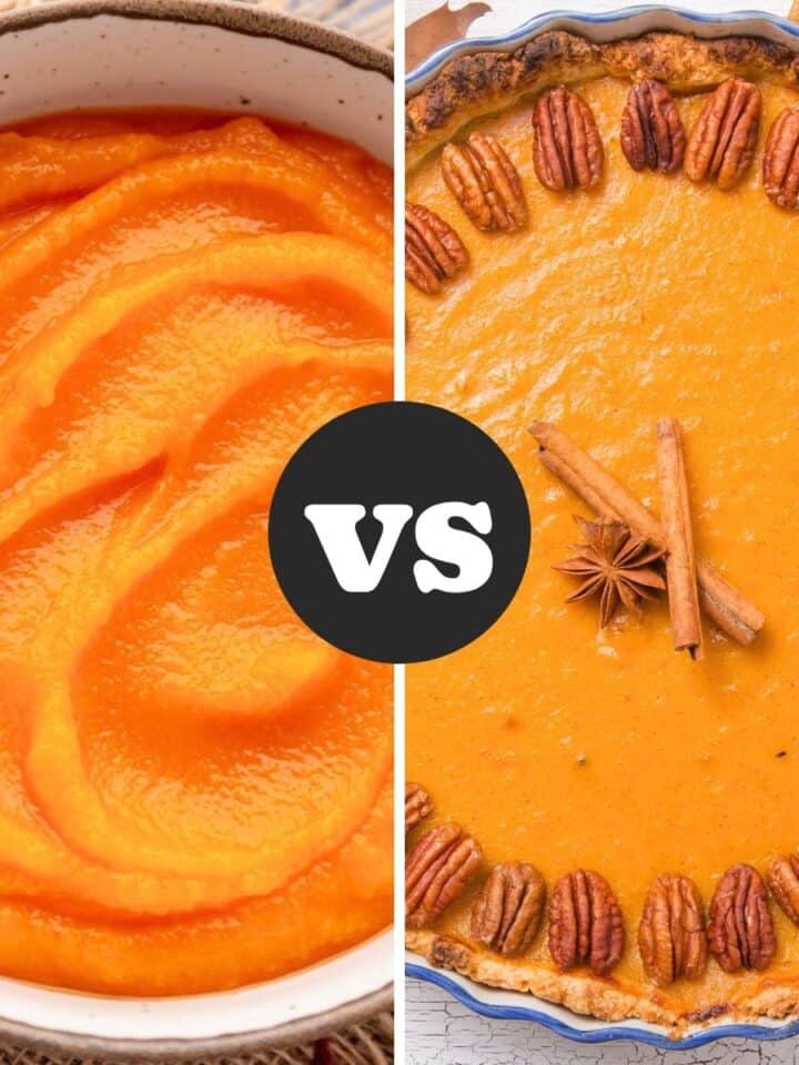 Pumpkin puree and pumpkin pie shown side by side with a “VS” label, comparing pumpkin puree and pumpkin pie filling.