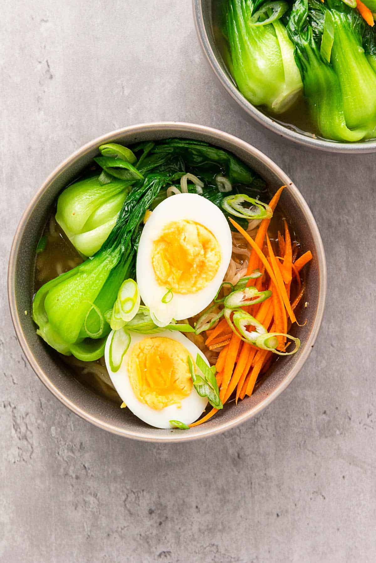 easy ramen noodle bowl with eggs and bok choy.