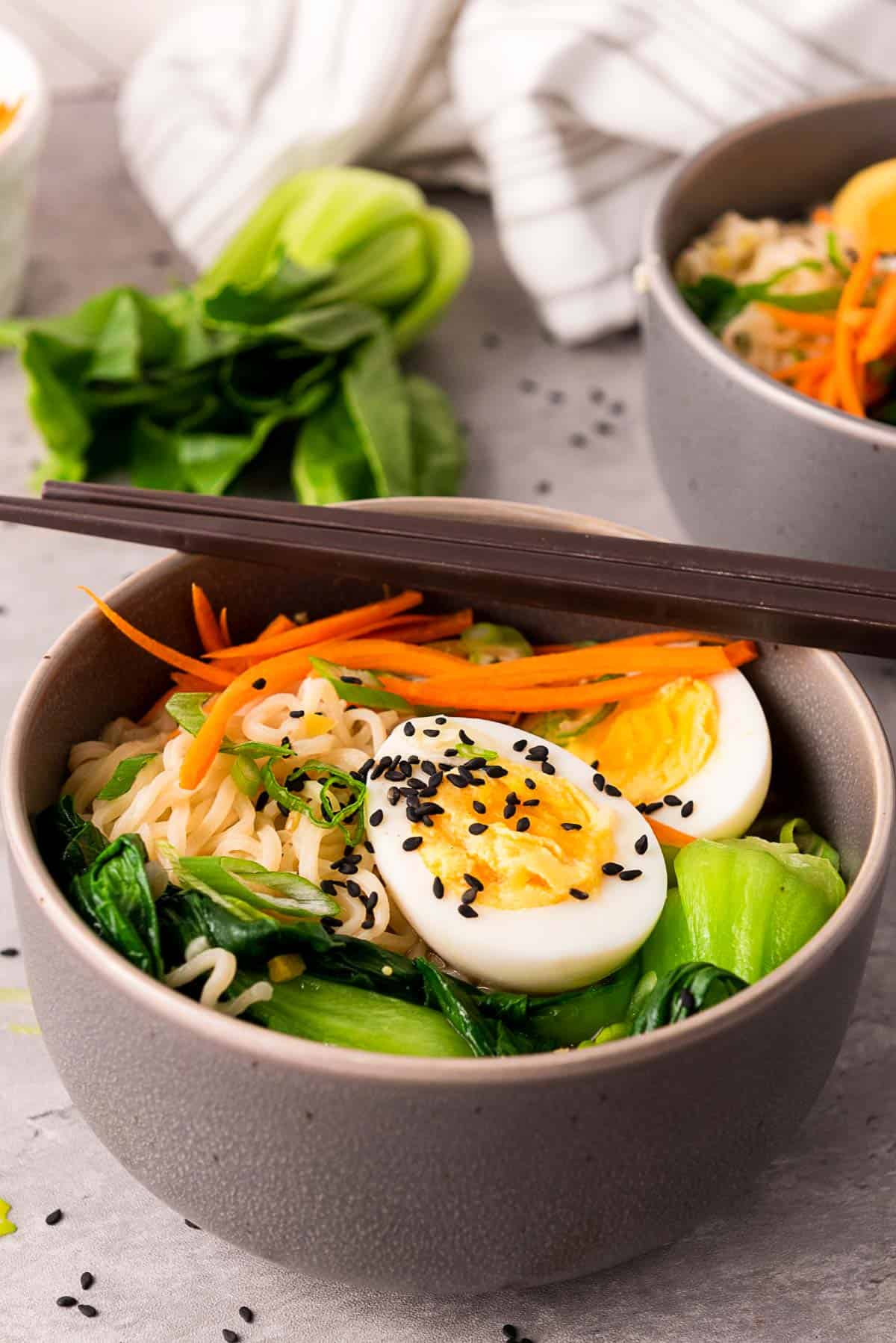 easy ramen noodle bowl with eggs and bok choy.