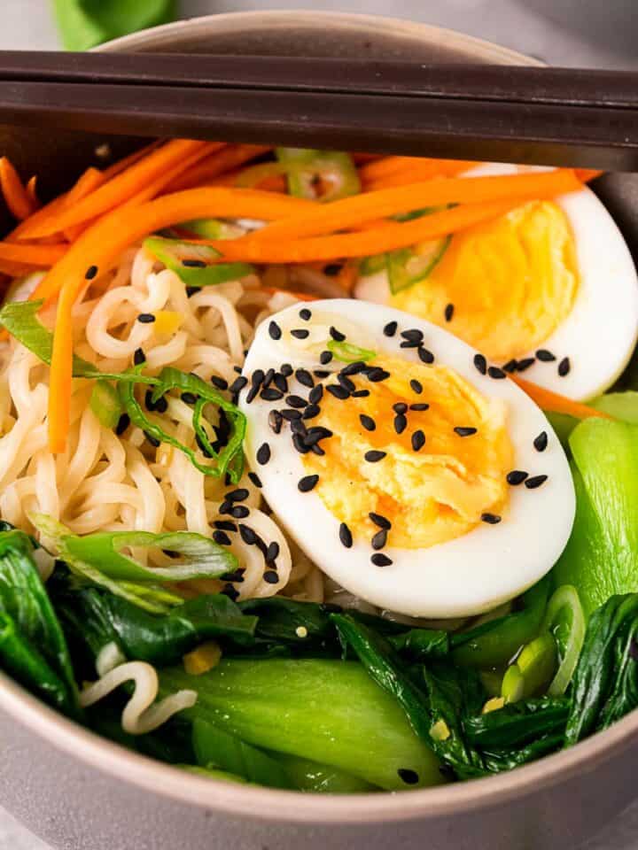 easy ramen noodle bowl with eggs and bok choy.