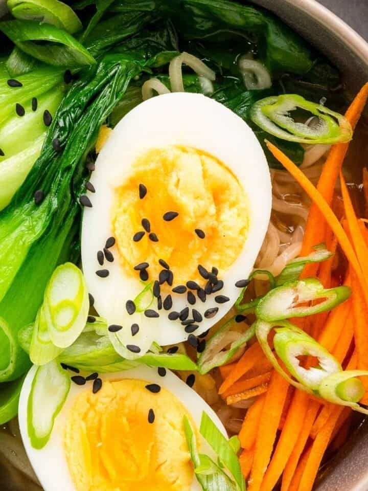 easy ramen noodle bowl with eggs and bok choy.