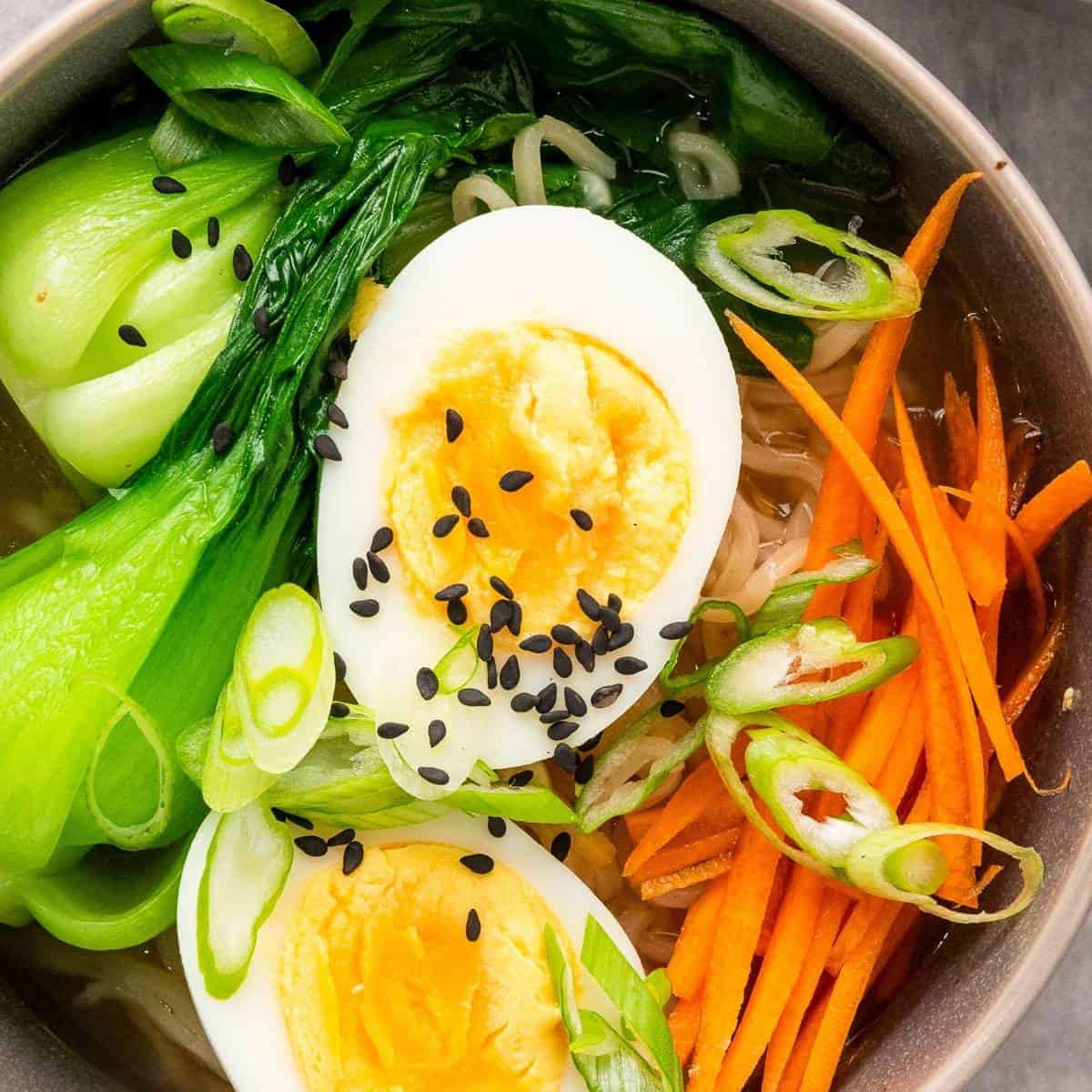 easy ramen noodle bowl with eggs and bok choy.
