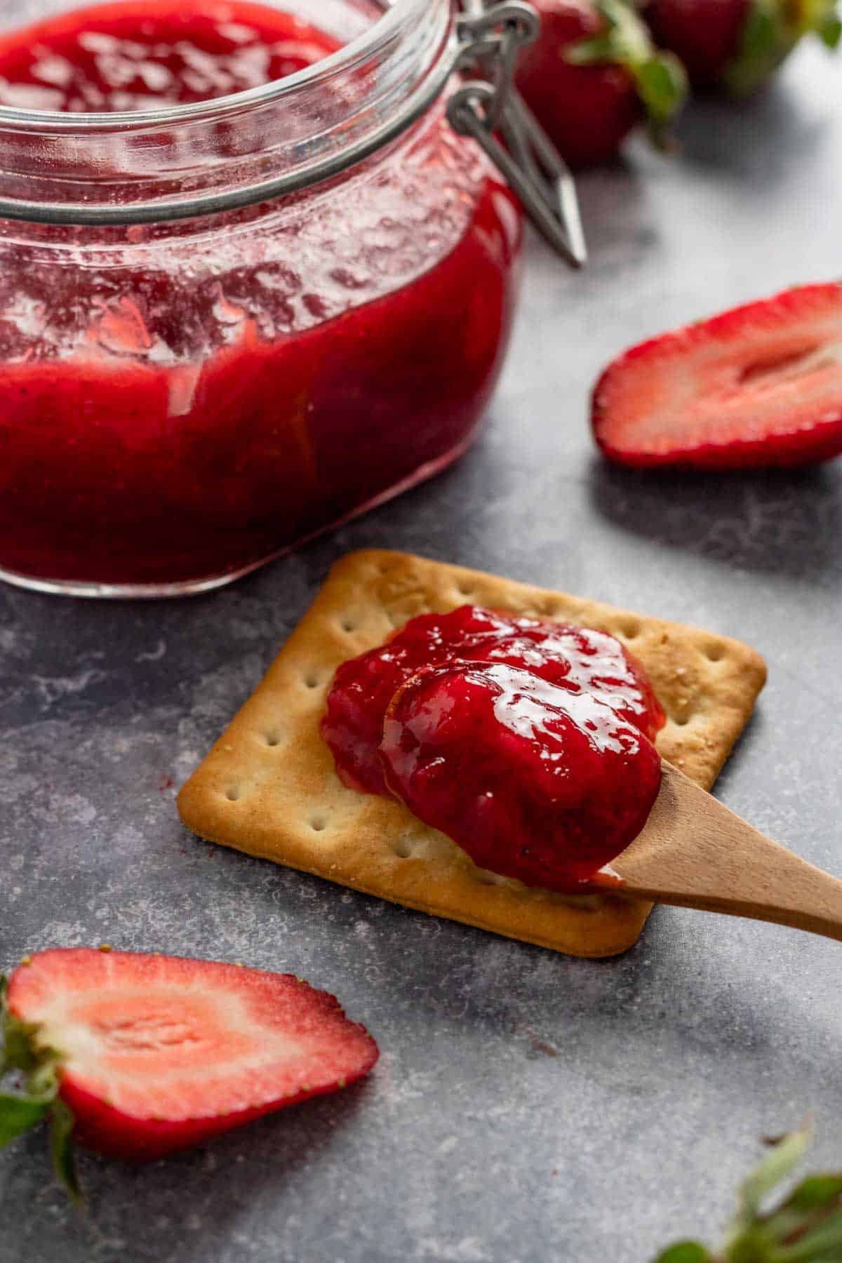 rhubarb jam on a cracker.