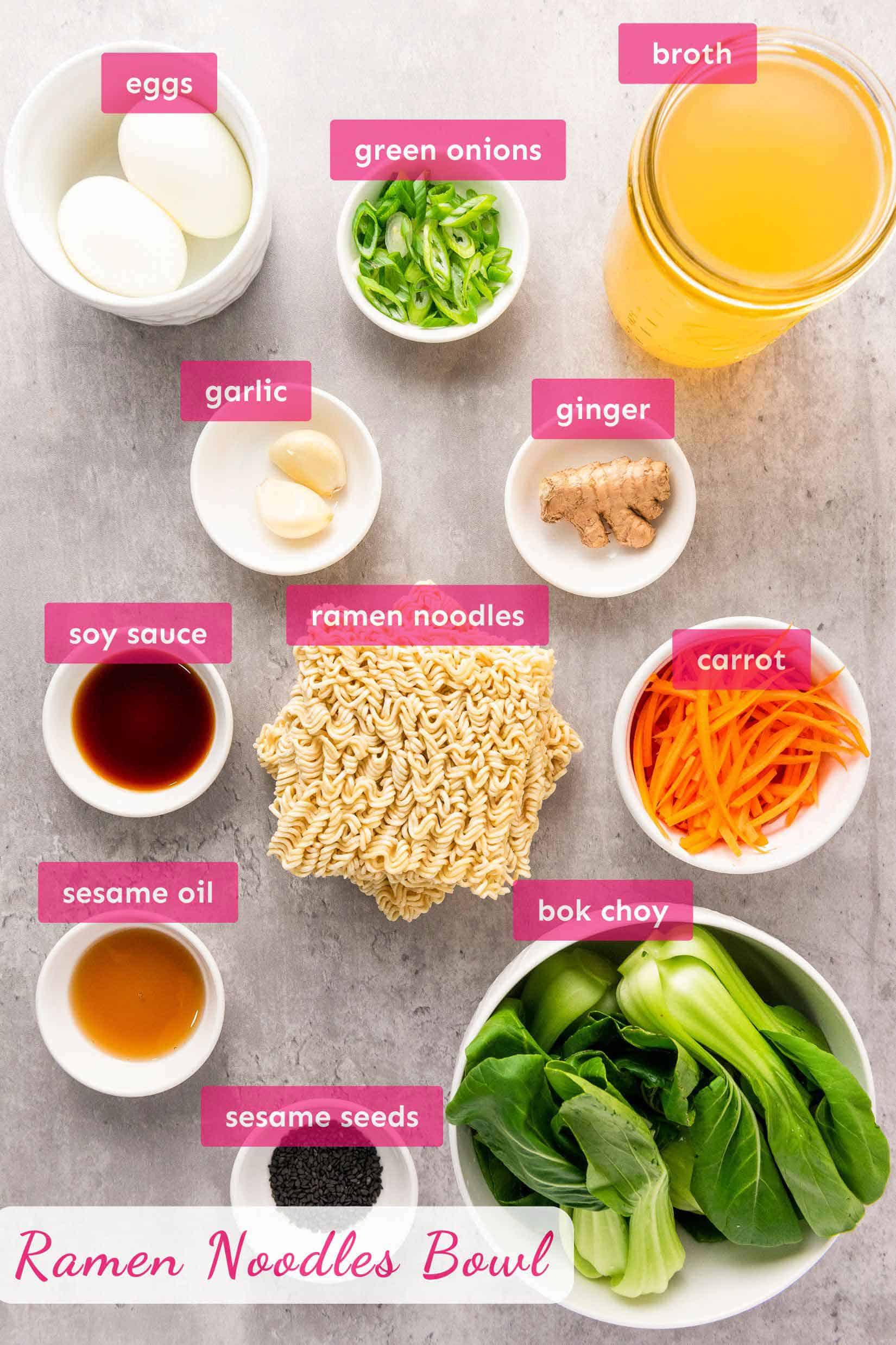 ingredients for ramen noodle bowl.